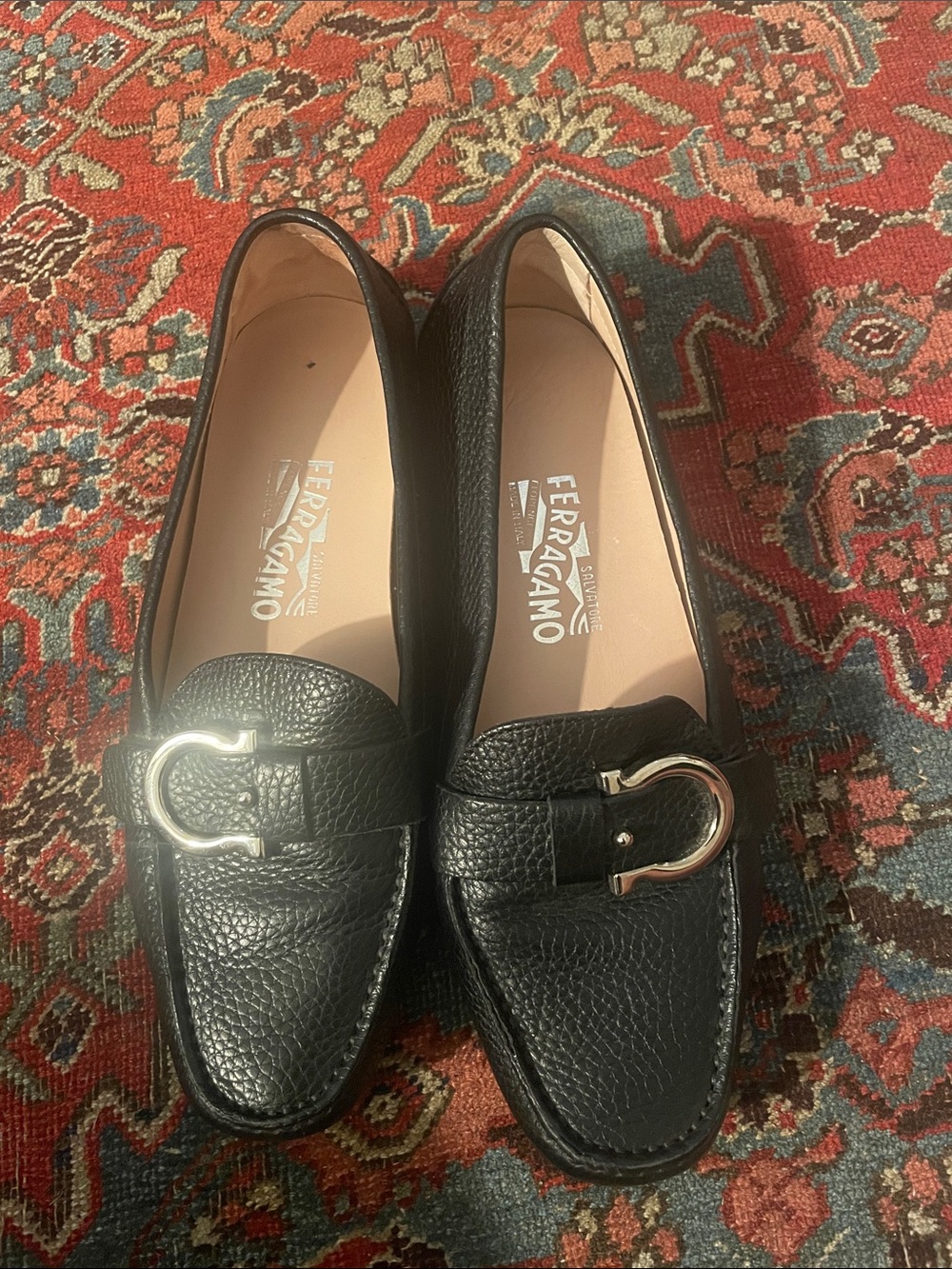 Salvatore Ferragamo Black Pebbled Leather Gancini Loafers with Silver Hardware